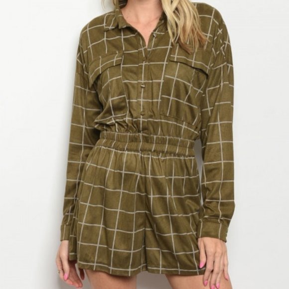 Le Lis Pants - Olive windowpane print collared long sleeve romper